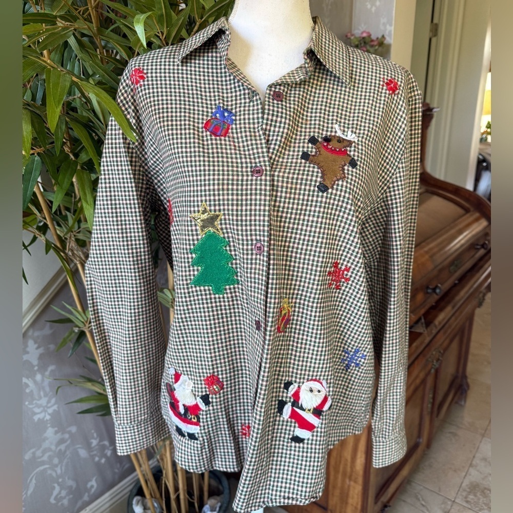 Lemon grass ladies large petite 100% cotton Christmas shirt plaid EXC COND - Picture 4 of 14